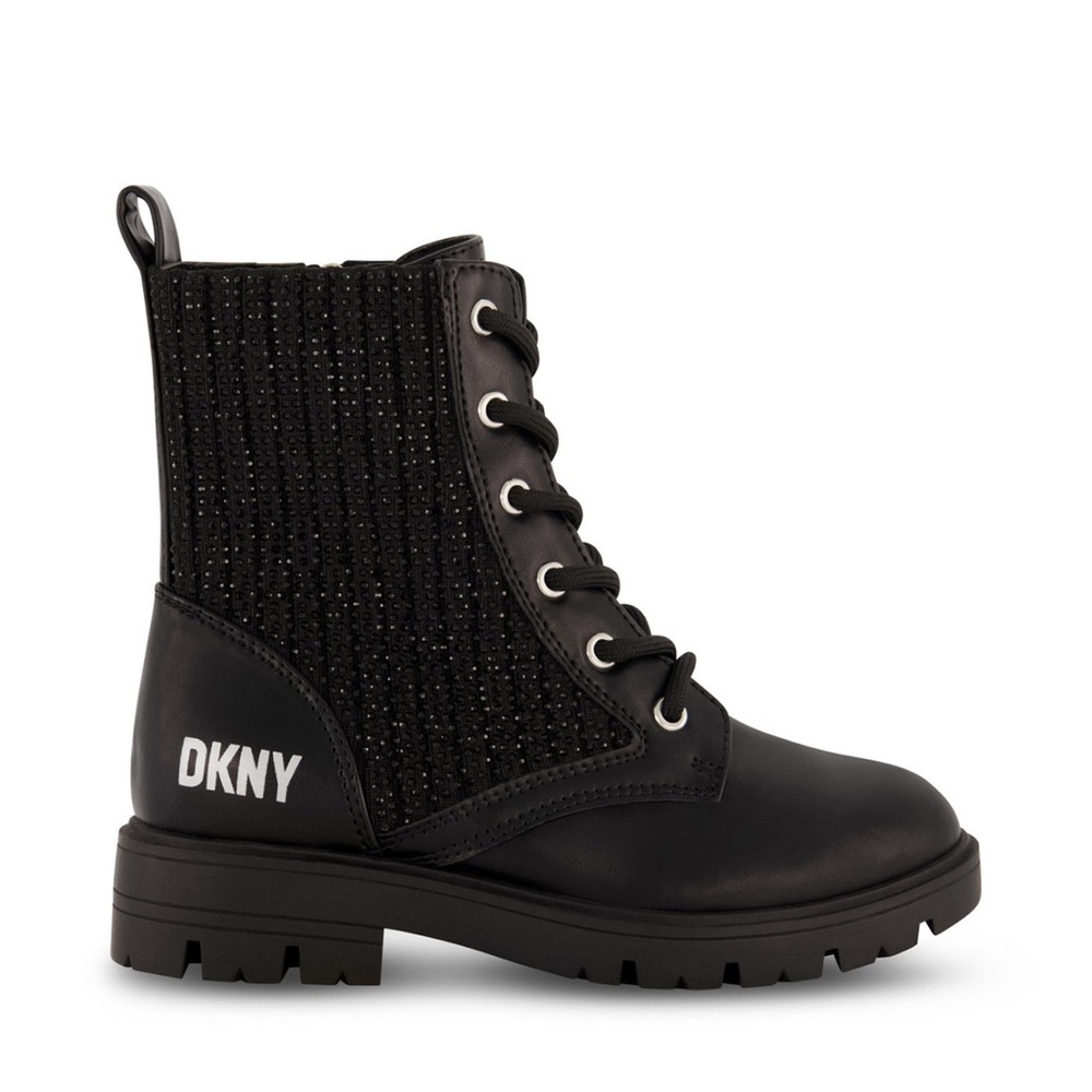 DKNY Girls Black Leather crystal side zip Combat Boots size 2